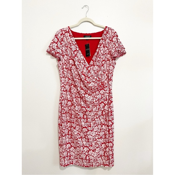 NWT Ralph Lauren Cream and Berry Floral Jersey Faux Wrap Dress Women’s Sz 16 - Picture 2 of 11